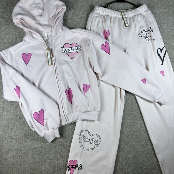 SKIMS Pants - NWT SKIMS Cotton Fleece Barely Pink Angel Hoodie Pants Set Women's S Pink